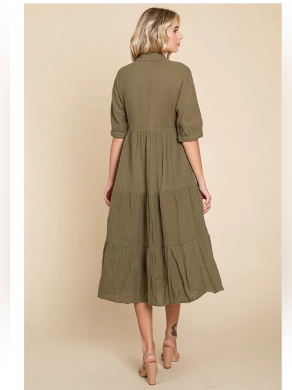 Olive Collared Button-Front Midi Dress - Picture 3 of 11
